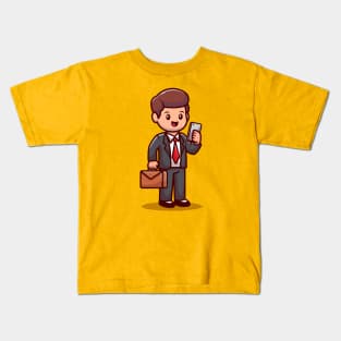 Businessman With Phone And Suitcase Cartoon Kids T-Shirt